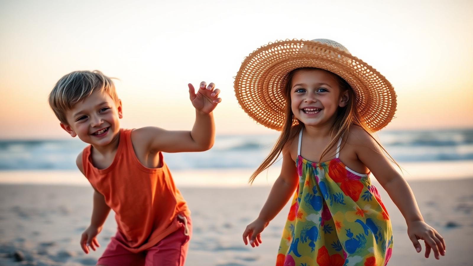 Two happy kids playing on the beach